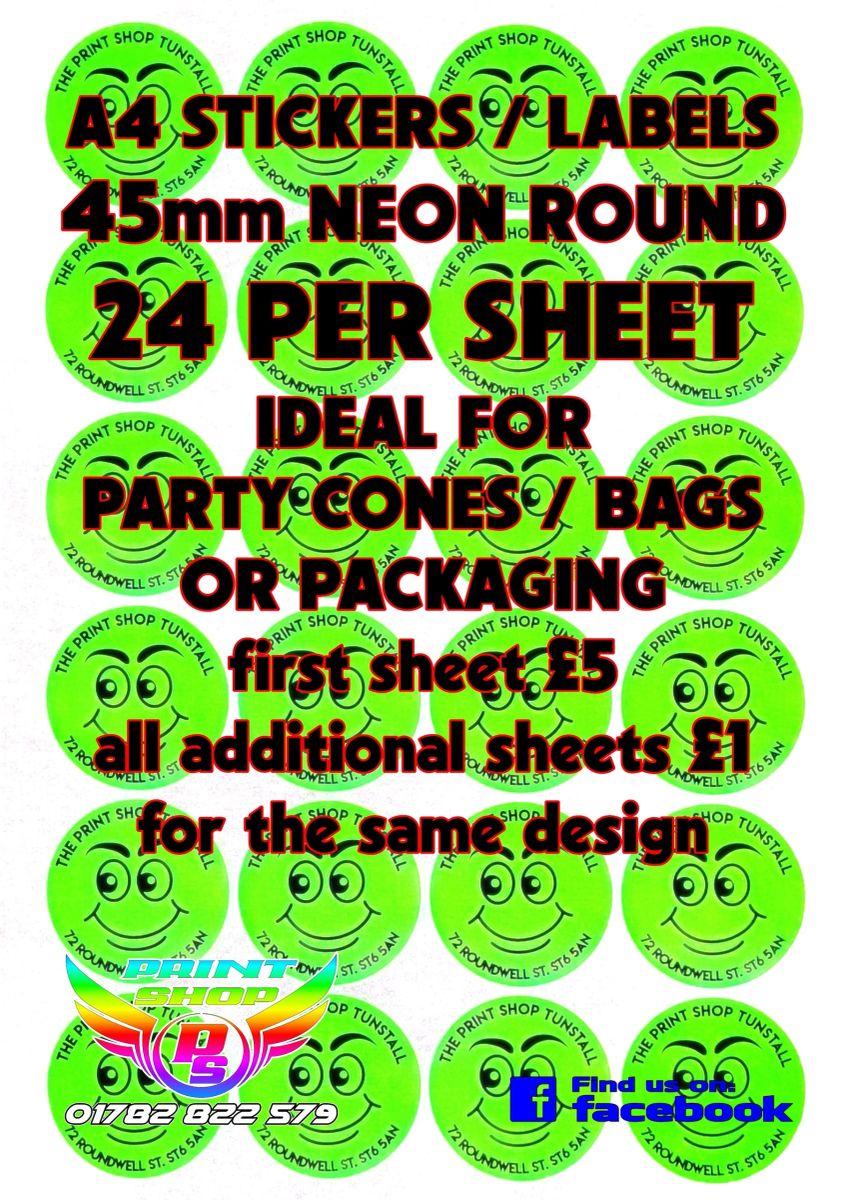 A4 STICKERS / LABELS Green Neon Round X24 45mm