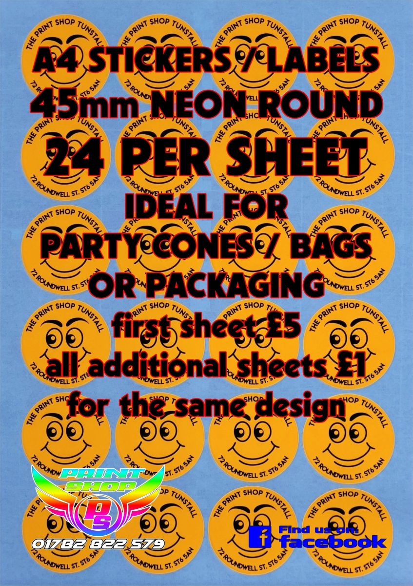 A4 STICKERS / LABELS Orange Neon Round X24 45mm