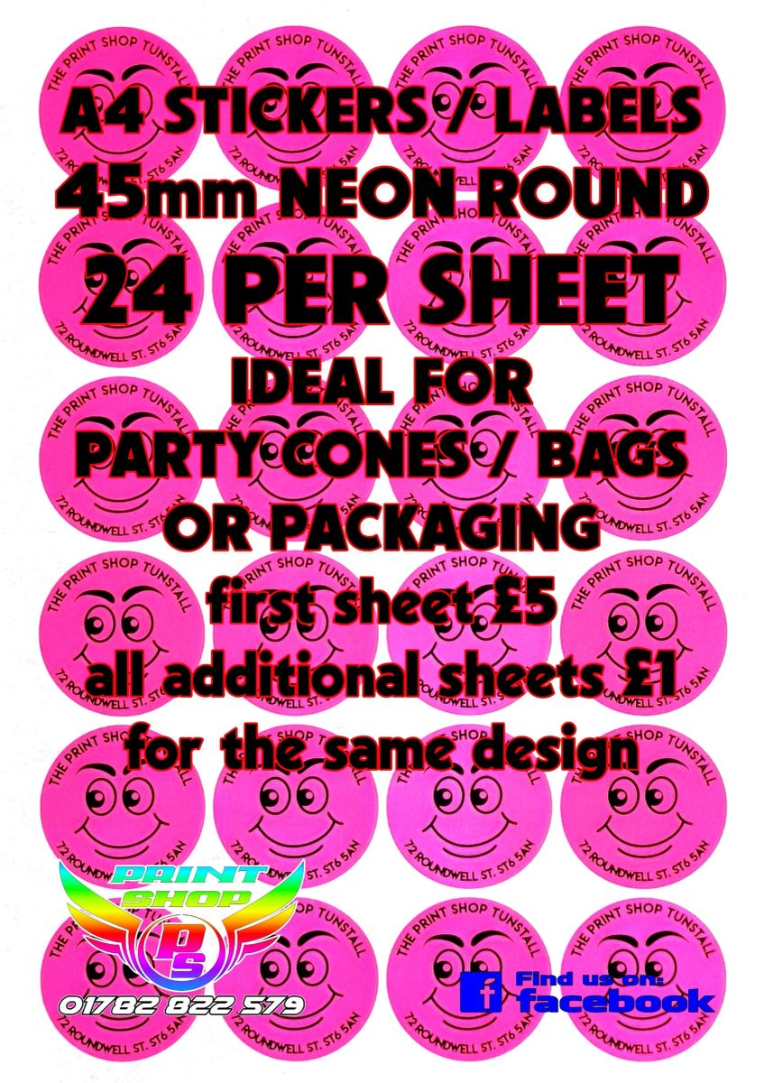 A4 STICKERS / LABELS Pink Neon Round X24 45mm