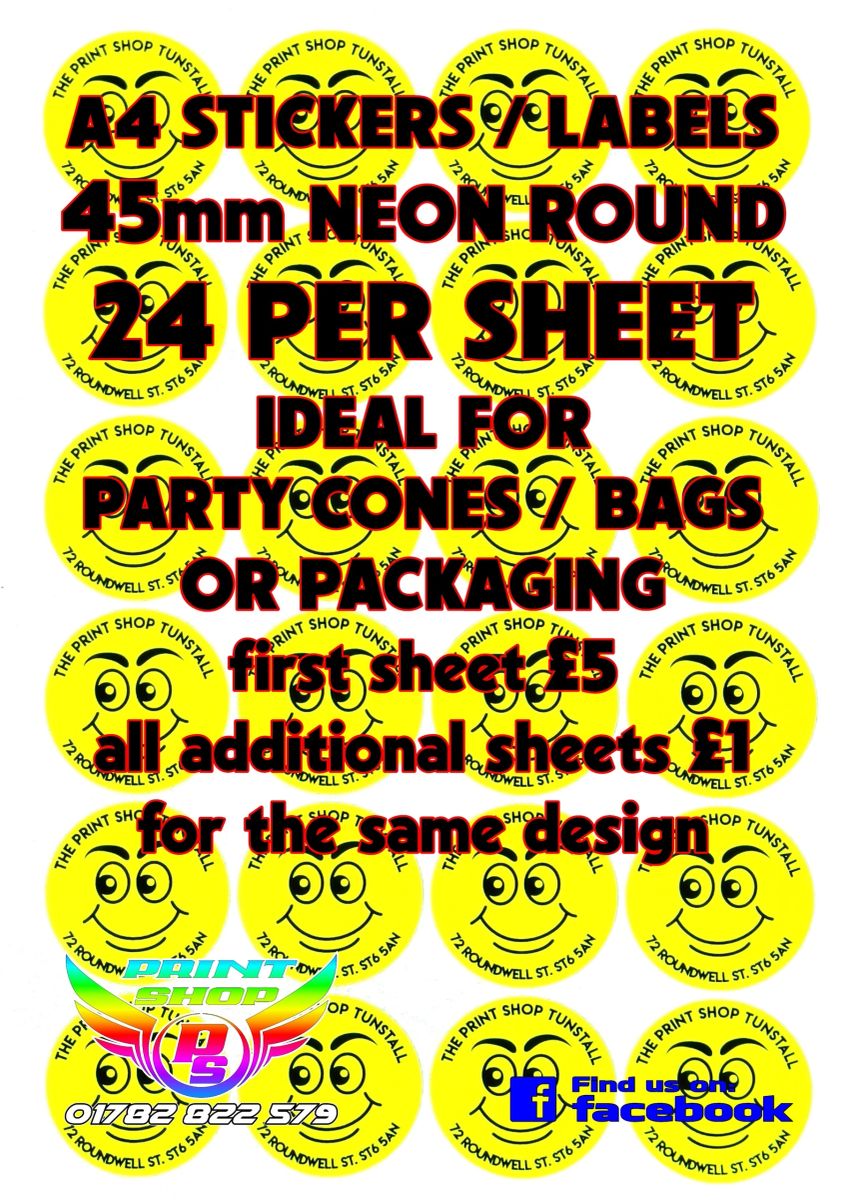 A4 STICKERS / LABELS Yellow Neon Round X24 45mm